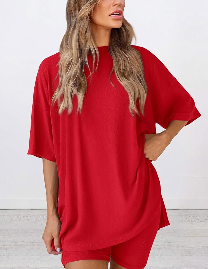 Buttery soft two piece loungewear set in red – oversized t-shirt and matching shorts for women, perfect for summer lounging