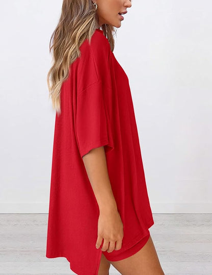 Side view of women’s summer loungewear set in red – oversized relaxed fit two piece with t-shirt and shorts
