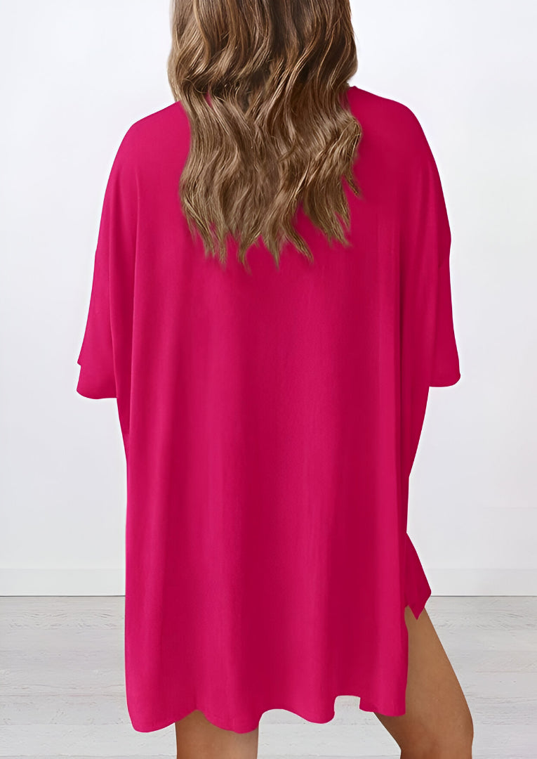 Back view of buttery soft loungewear set in rose red – oversized top and shorts for casual comfort