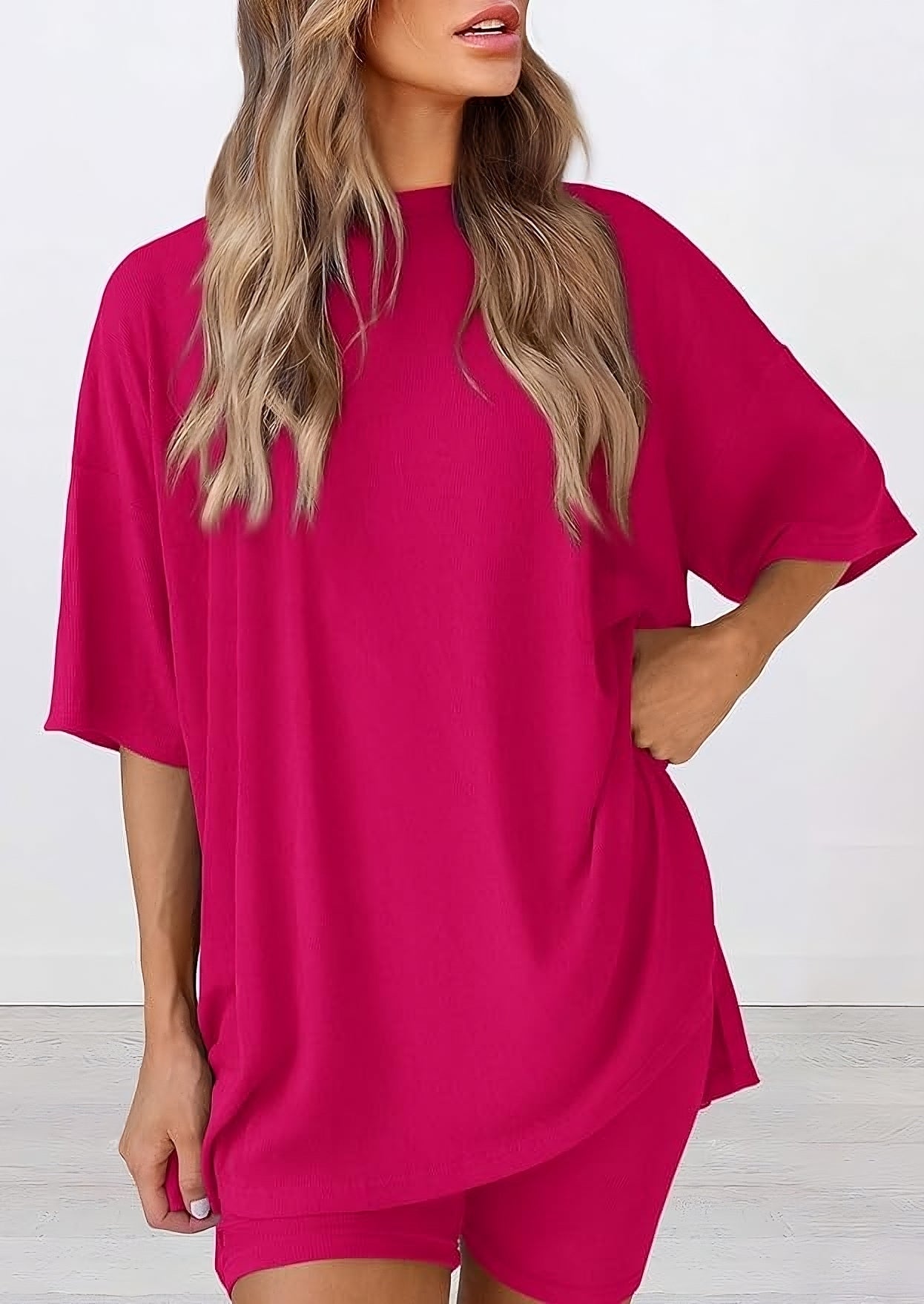 Buttery soft two piece loungewear set in rose red – oversized t-shirt and matching shorts for women, perfect for summer lounging