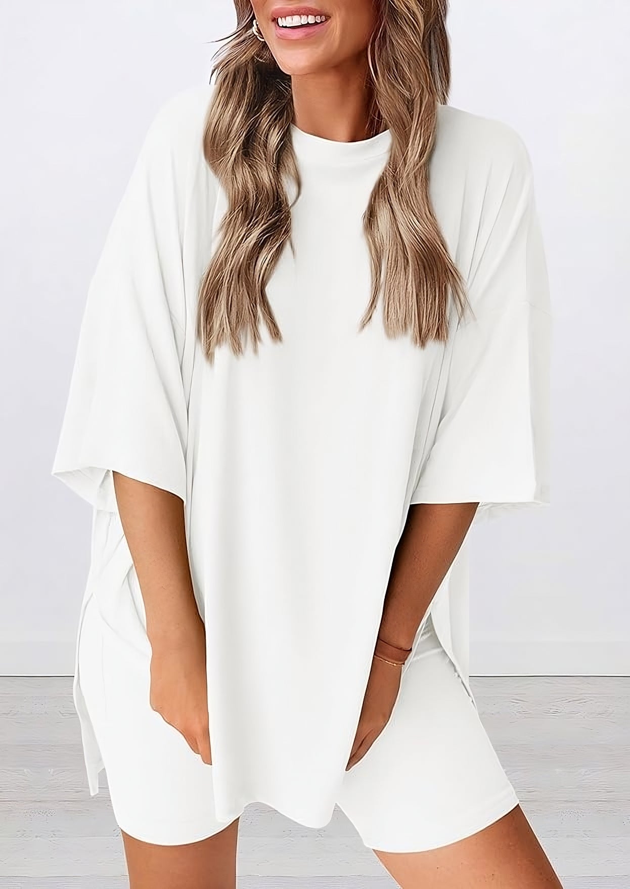 Buttery soft two piece loungewear set in white – oversized t-shirt and matching shorts for women, perfect for summer lounging