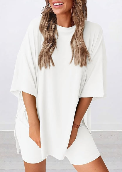 Buttery soft two piece loungewear set in white – oversized t-shirt and matching shorts for women, perfect for summer lounging