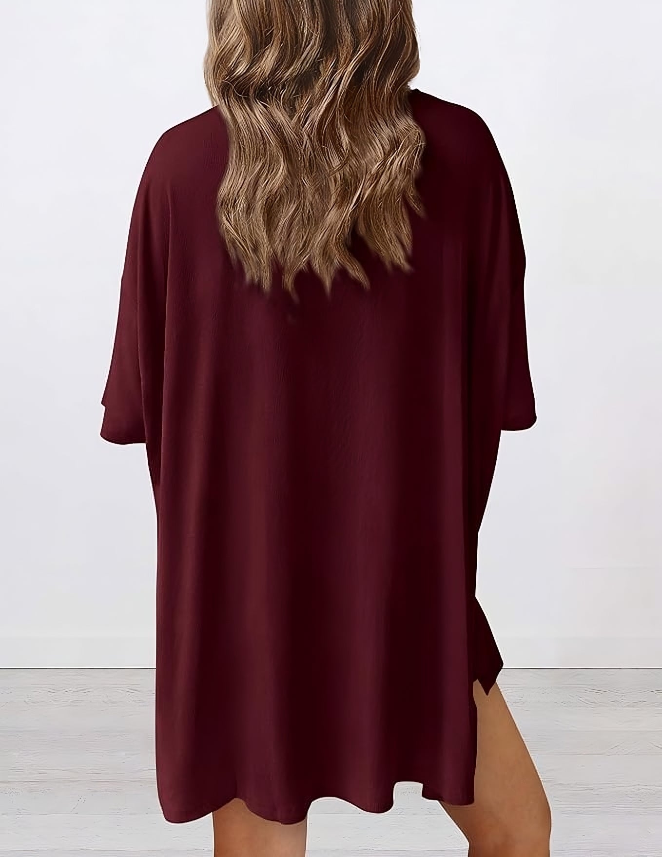  Back view of buttery soft loungewear set in wine red – oversized top and shorts for casual comfort
