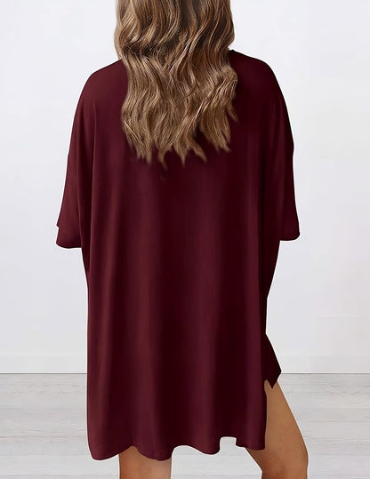  Back view of buttery soft loungewear set in wine red – oversized top and shorts for casual comfort