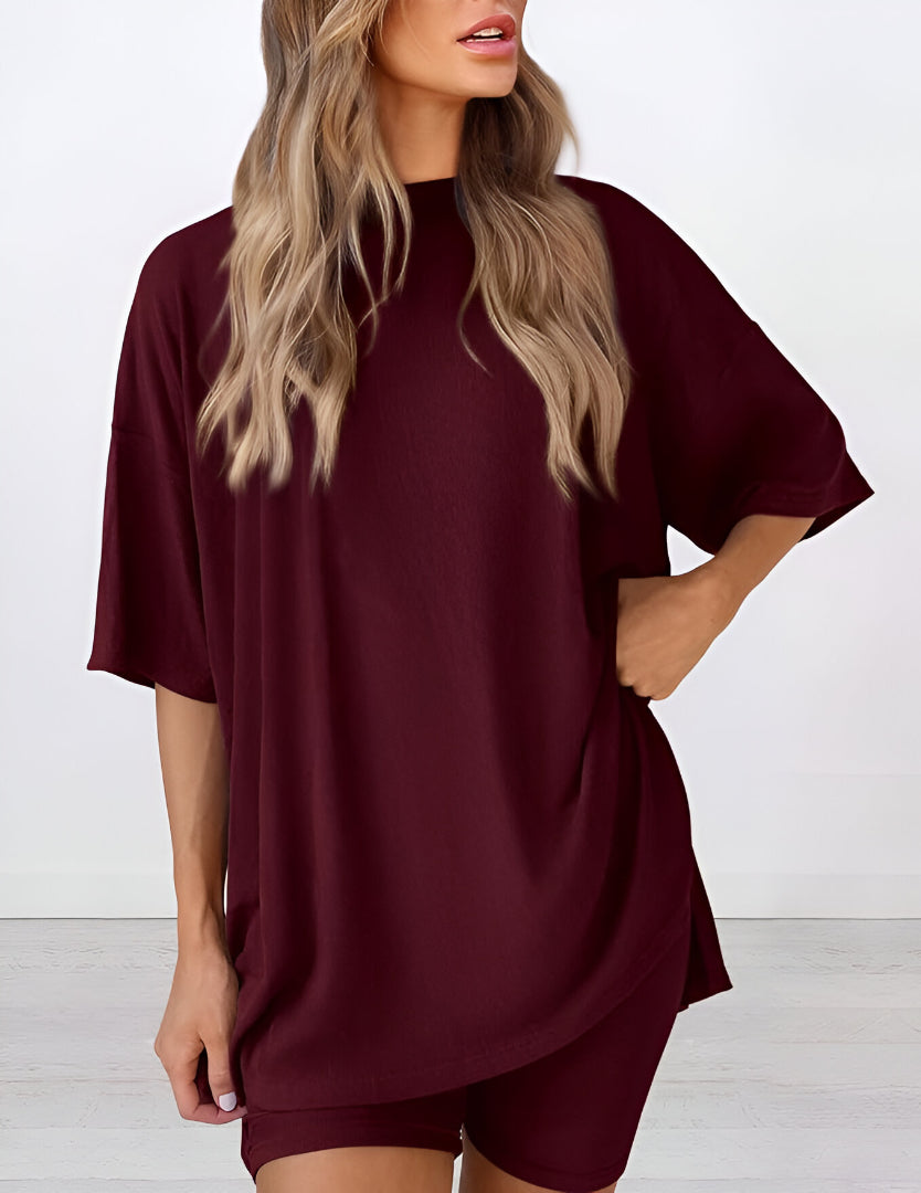 Buttery soft two piece loungewear set in wine red – oversized t-shirt and matching shorts for women, perfect for summer lounging
