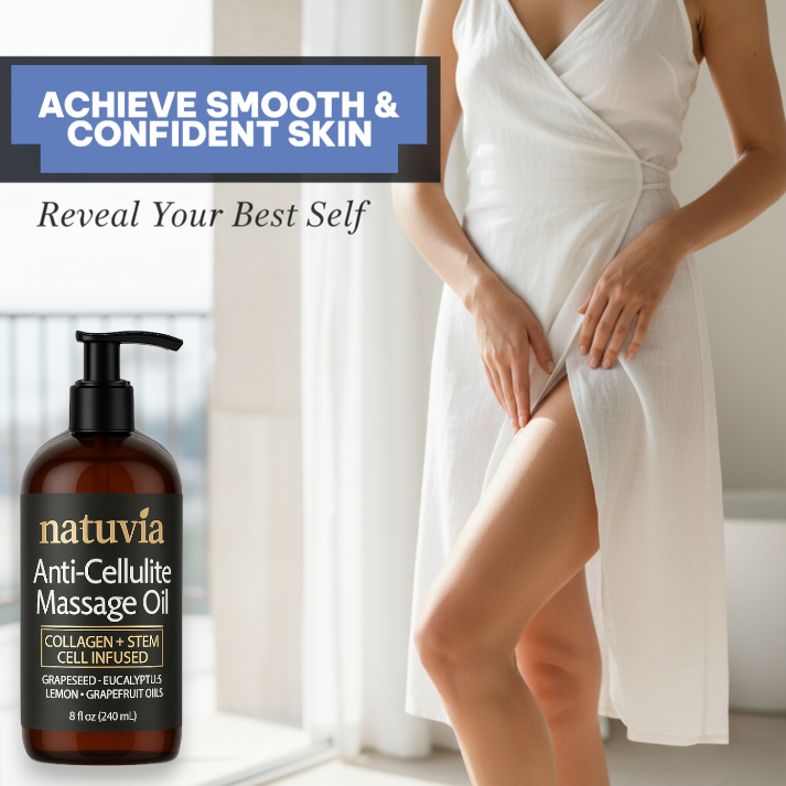 Nativia anti-cellulite massage oil with a woman in a white dress showing her legs.